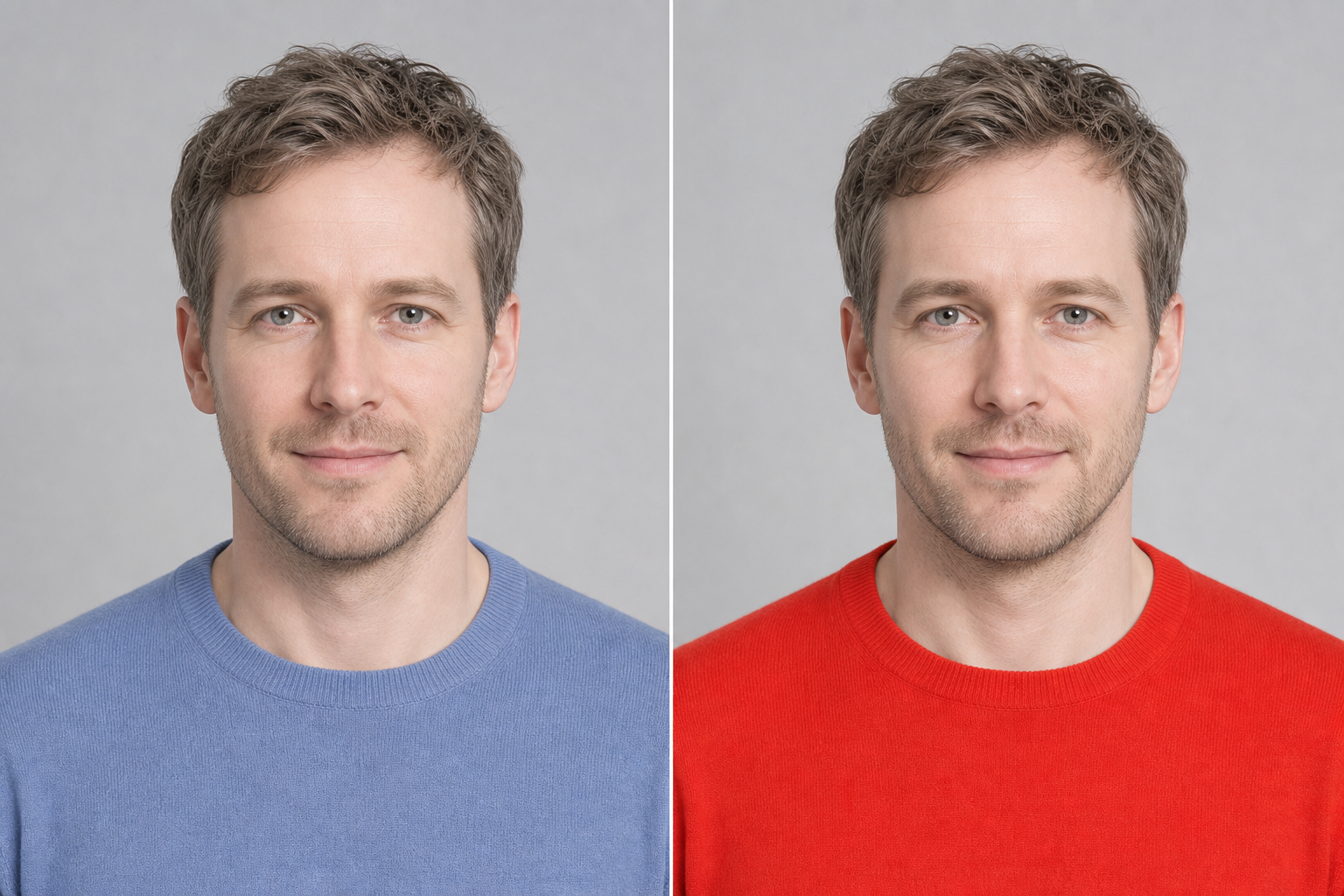 Dezelfde man, zelfde licht en achtergrond; links een passende kleur, rechts dezelfde man in fel rood